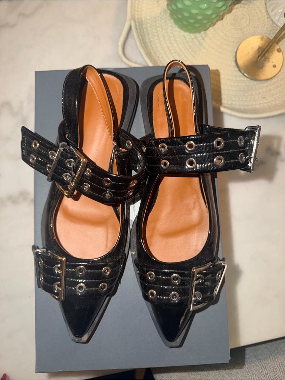 Women’s Black Pointed Slingback Flats with Buckle Detail